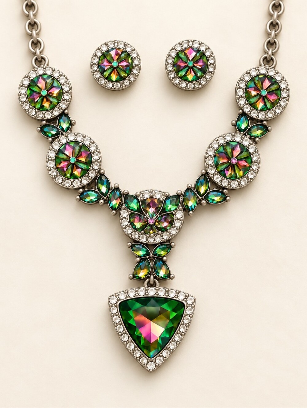 Aurora Borealis Crystal Bib Necklace & Stud Earrings Set NWT